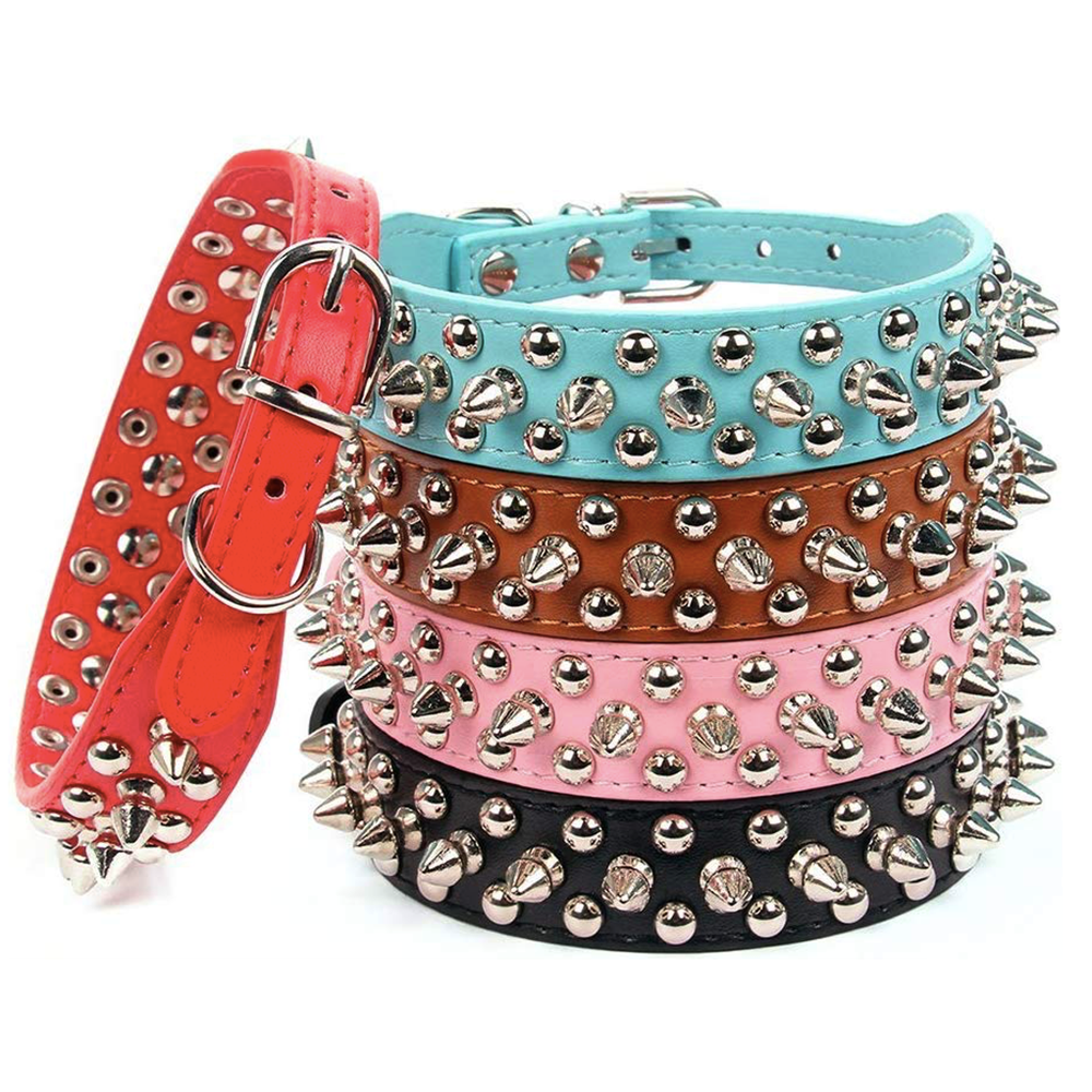 Adjustable Leather Pet Dog collar Neck Strap Supplies PU Leather Punk Rivet Spiked Dog Collar Pet Collars For Small Dog Cat