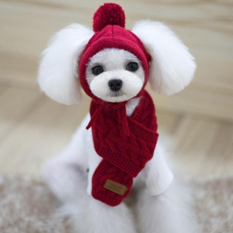 Hat for Dogs Winter Warm Stripes Knitted Hat+Scarf Collar Puppy Teddy Costume Christmas Clothes Santa Dog Costumes