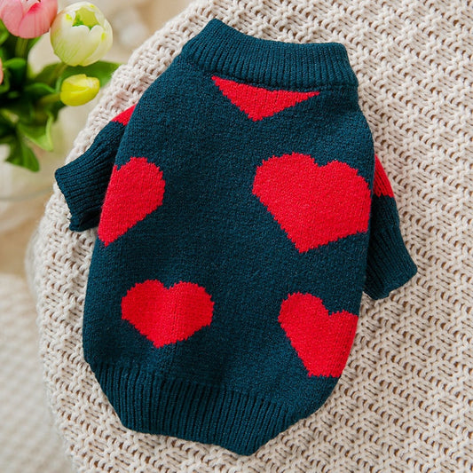 Heart Knitted Sweater Dog Clothes Warm Pullover Dogs Clothing Pet Outfits Small Cute Autumn Winter Yorkies Soft Black Boy Chien